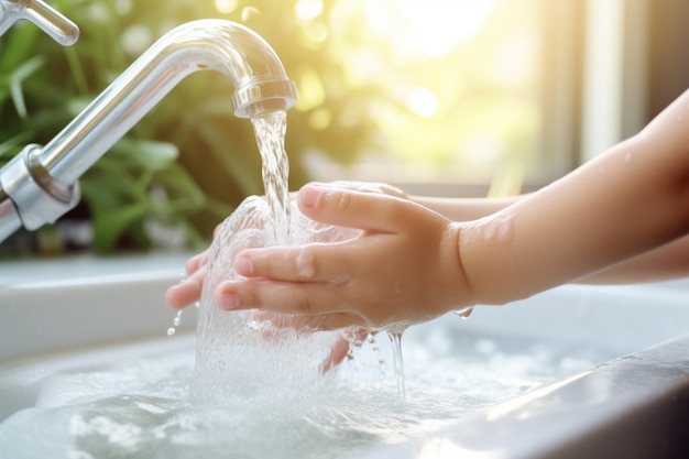 alguien lavándose las manos en un fregadero con agua corriendo del grifo ai generativo