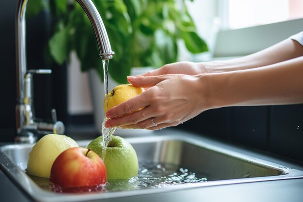 alguien lavándose las manos con un limón y manzanas en un fregadero ai generativo