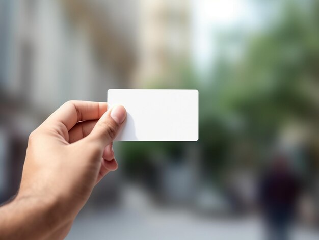 alguien que sostiene una tarjeta de presentación en blanco en la mano en una calle de la ciudad ai generativo