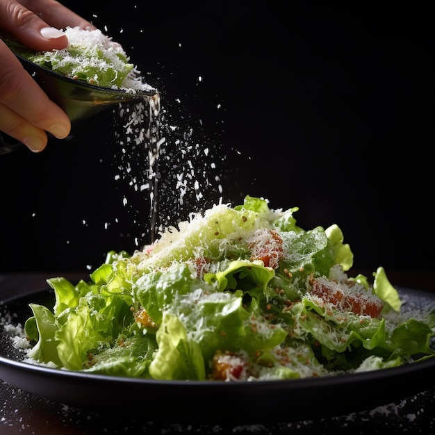 Alguien rocía sal sobre una ensalada en un tazón