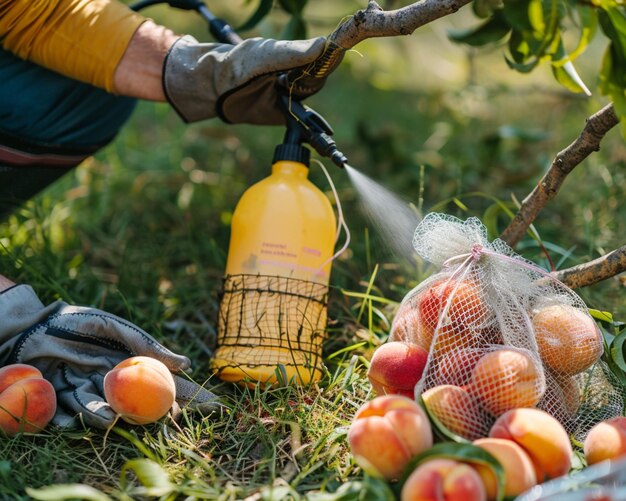 Foto alguien está rociando agua en los melocotones en un campo con una manguera generativa ai