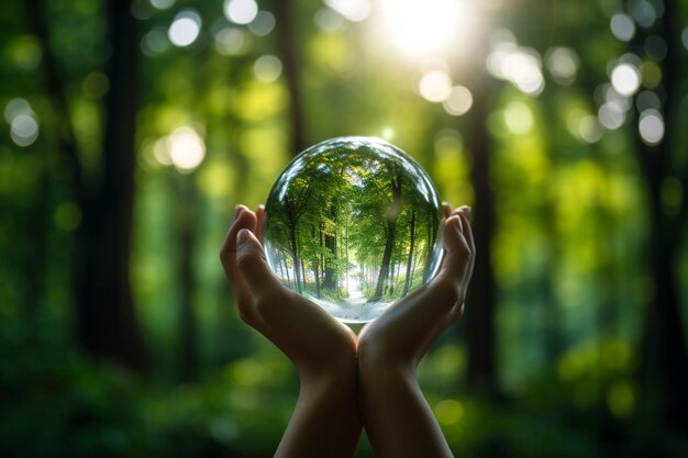 Alguien sosteniendo una bola de cristal con un bosque en el fondo ai generativo