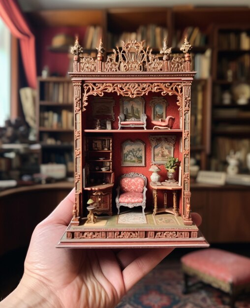 Foto alguien está sosteniendo una casa de muñecas en miniatura en su mano generativa ai