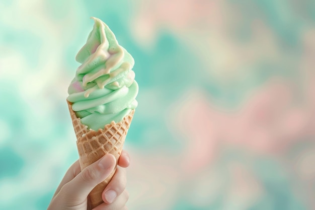 Foto alguien sosteniendo un cono con un helado verde y rosa generativo ai