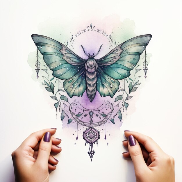 Foto alguien sosteniendo un dibujo de una mariposa con un fondo morado ai generativo