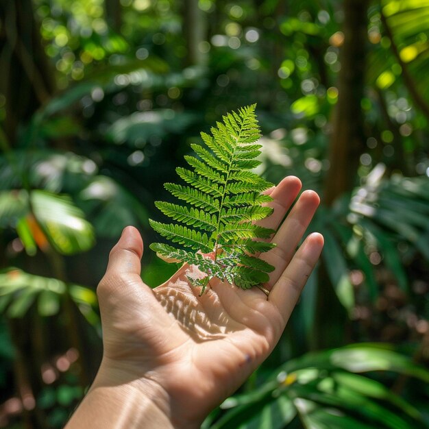 Foto alguien sosteniendo una hoja de helecho en su mano en un bosque generativo ai