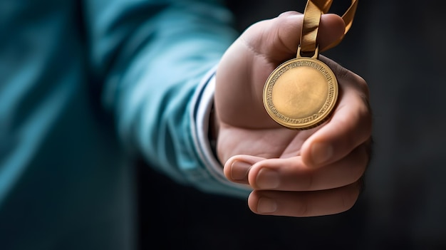 alguien sosteniendo una medalla de oro en la mano con una camisa azul IA generativa