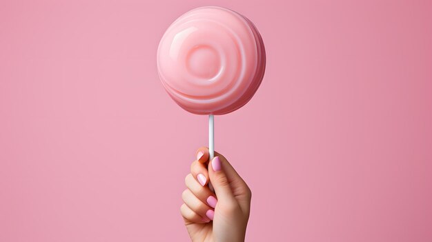 alguien sosteniendo una paleta rosa en la mano sobre un fondo rosa IA generativa