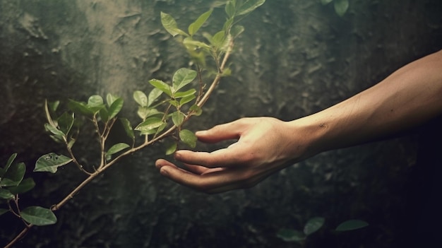 alguien sosteniendo una planta con una pequeña rama en su mano generativa ai