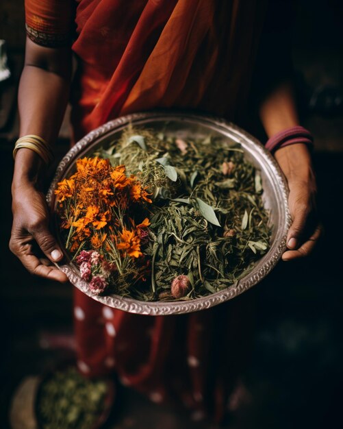 Foto alguien sosteniendo un plato con un ramo de flores en él generativo ai