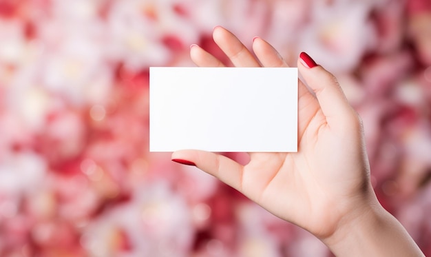 Foto alguien sosteniendo una tarjeta blanca en la mano con un fondo rosa generativo ai