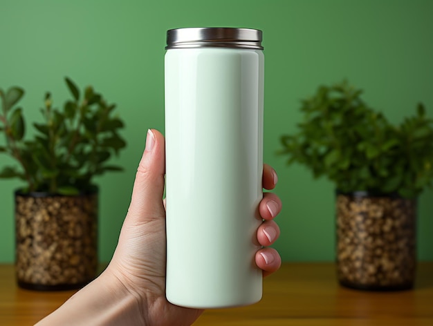 alguien sosteniendo una taza blanca con una planta en el fondo generativo ai