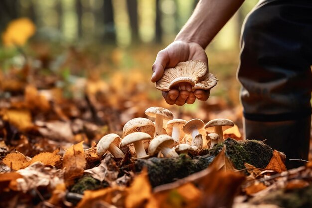 Foto alguien sostiene un hongo en la mano en el bosque ai generativo