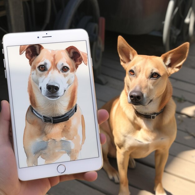 Foto alguien está tomando una foto de un perro con un teléfono generativo ai