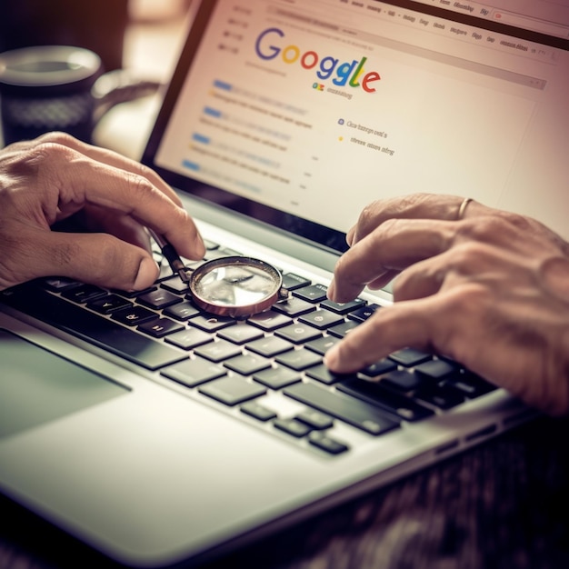 alguien usando una lupa para buscar en un sitio web en una computadora portátil