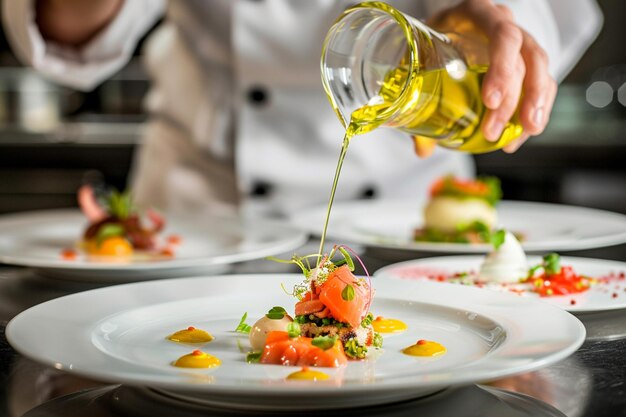 alguien vertiendo aceite de oliva en un plato de comida en una mesa generativa ai
