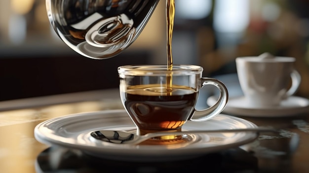 alguien vertiendo una taza de café en una tazón de vidrio en un plato generativo ai