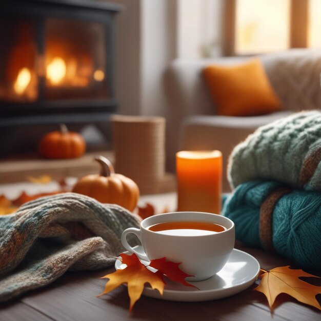 Foto alguma composição de outono com chá e suéteres de malha no interior da sala em um fundo desfocado