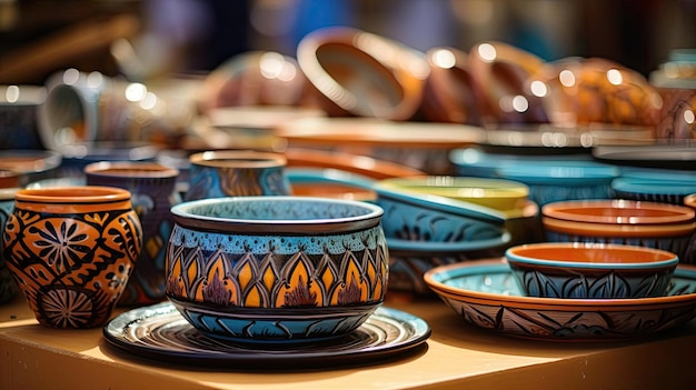 Foto algumas cerâmicas coloridas para venda em uma exposição de mesa no estilo de azul celeste e marrom