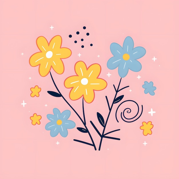 Foto algumas flores bonitas azul claro e amarelo claro ilustrações coloridas simples fundo rosa claro
