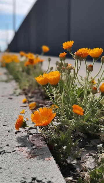 Algumas flores estão alinhadas ao lado de uma estrada no estilo brutalista de medição de ponto de núcleo de pato laranja núcleo de pradaria reciclado gerar ai