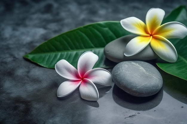 Algumas pedras e flores de frangipani estão sobre uma mesa.