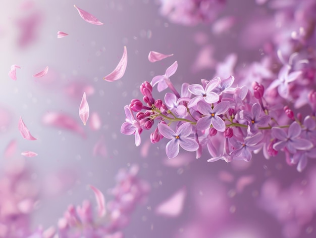 algumas pétalas de flores de lilas micro voando pelo ar em fundo de lilas bancário