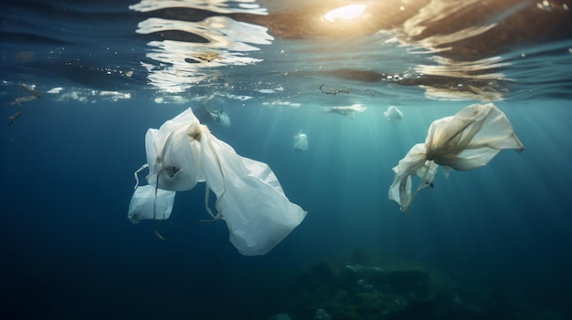 algumas sacolas flutuando no oceano