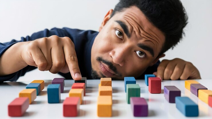 Foto algún hombre apuntando a bloques de madera en blanco