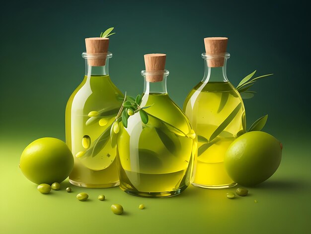 Algunas aceitunas frescas y aceite de oliva orgánico flotando sobre un fondo verde