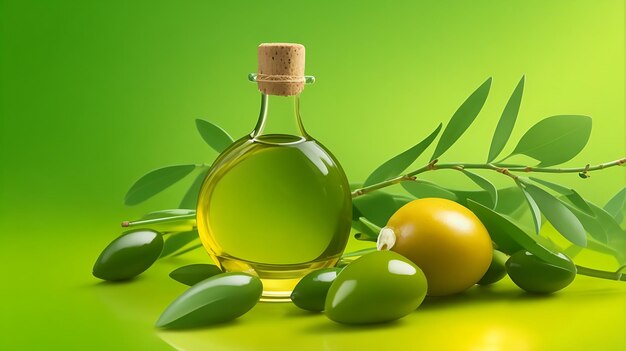 Algunas aceitunas frescas y aceite de oliva orgánico flotando sobre un fondo verde
