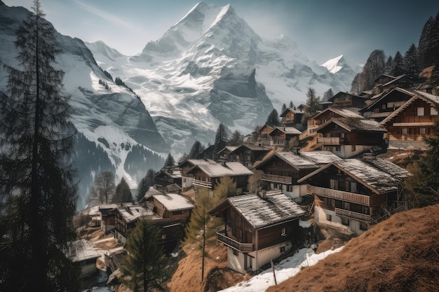 Algunas casas de madera en medio de una gran montaña