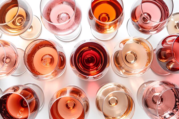 Algunas copas transparentes están llenas de vino rosado.