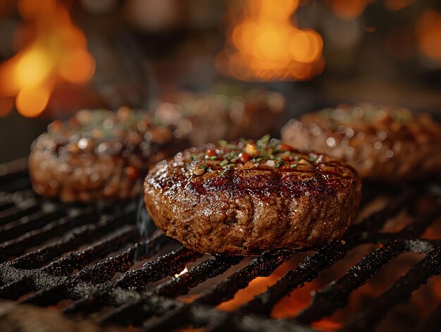 Algunas hamburguesas se cocinan en la parrilla en el estilo de formaciones de cuadrícula