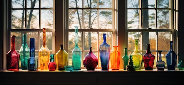 Algunas hermosas botellas de vidrio colocadas en el alféizar de la ventana