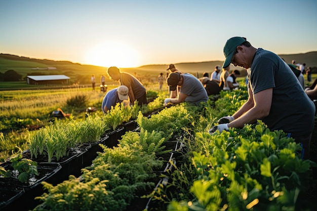 algunas personas trabajando en la puesta de sol detrás de ellos es un campo lleno de lechuga con plantas y plántulas