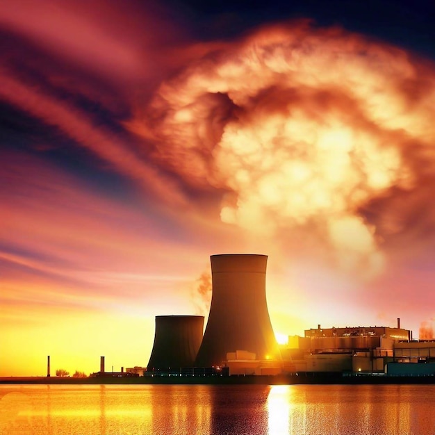 Foto algunas torres de la central nuclear con humo al atardecer