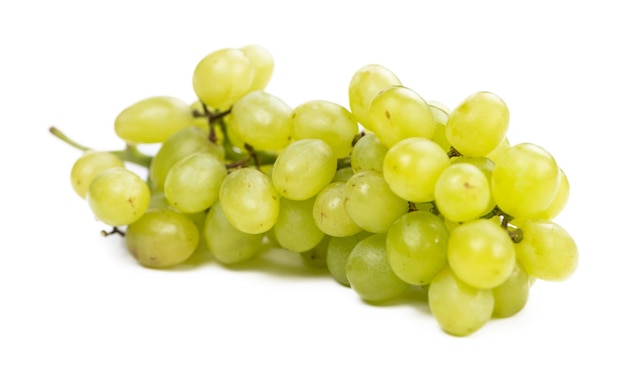 Algunas uvas blancas aisladas en el enfoque selectivo blanco