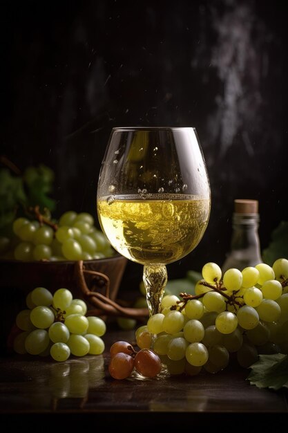 Algunas uvas se colocan junto a una copa de vino blanco.