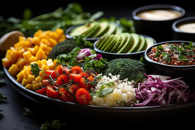 algunos alimentos que están en un plato con aguacates y otros alimentos en el cuenco al lado de él también