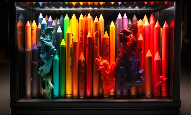 Algunos crayones de colores en una vitrina