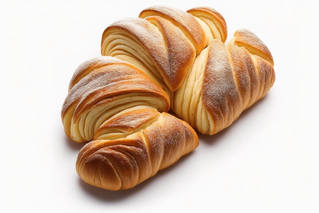 Algunos croissants están sobre un fondo blanco.