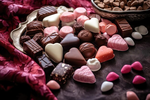 Algunos deliciosos caramelos de chocolate extendidos sobre la mesa