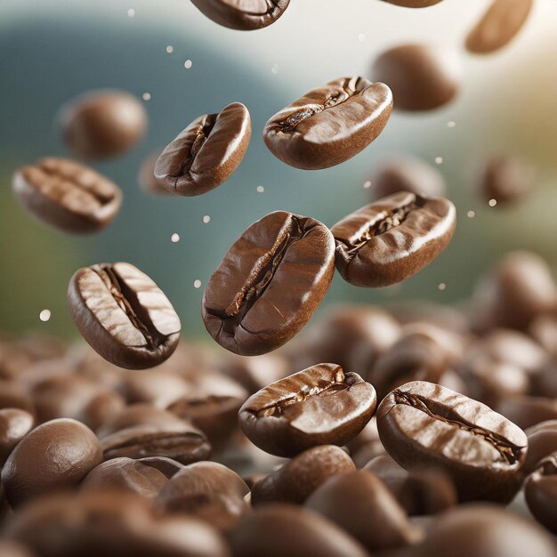 algunos granos de café están cayendo en el aire en el estilo de renderizado en cinema4d 4