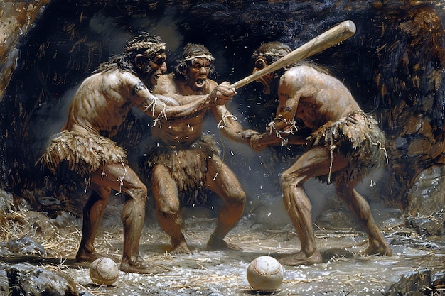 algunos hombres de las cavernas neandertales jugando al béisbol