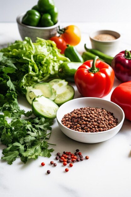 Algunos ingredientes crudos para una receta como lentejas, tomates, pimiento verde sobre un fondo blanco.