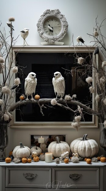 Algunos pájaros posados en ramas y calabazas frente a un televisor con un viejo reloj detrás para decoración de Halloween