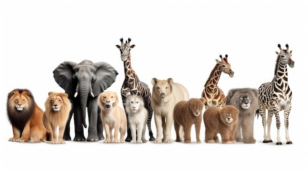 Foto alguns animais estão bem alinhados em frente a um fundo branco
