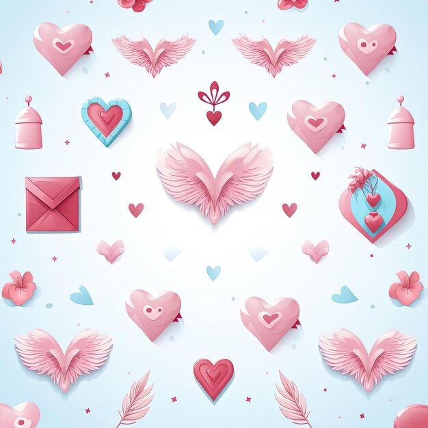 Foto alguns belos corações, envelopes e asas são mostrados neste padrão rosa sem costura