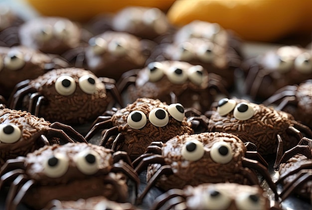 alguns biscoitos de chocolate decorados com olhos de aranha comida de Halloween
